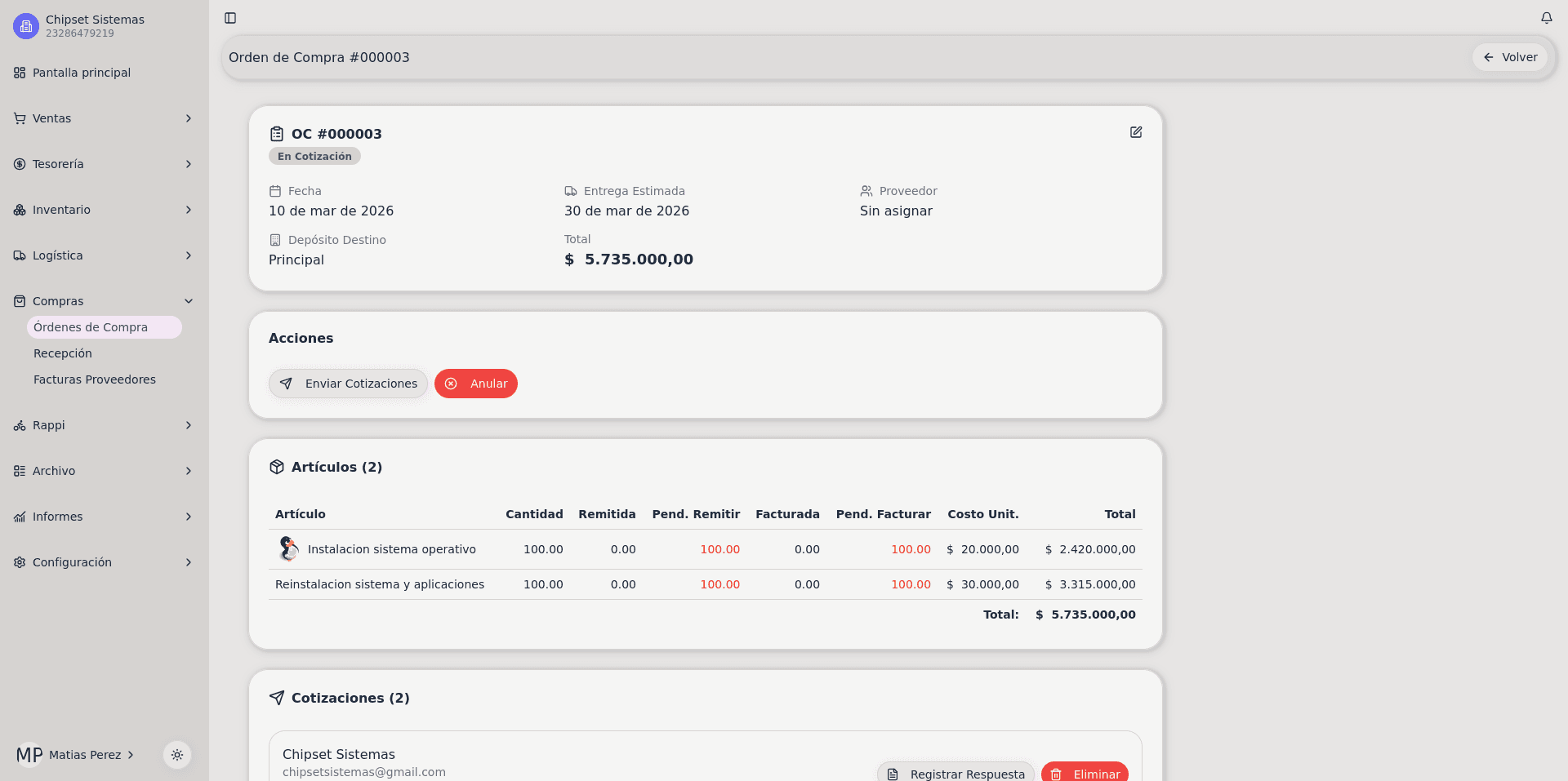 Compras - Órdenes de compra a proveedores