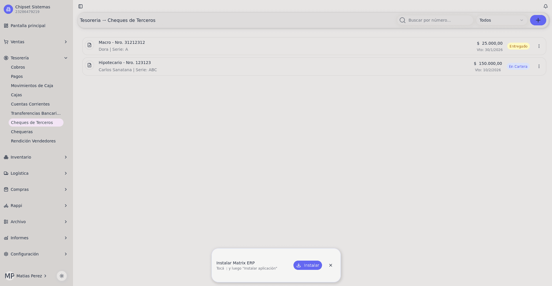Tesorería - Gestión de cheques